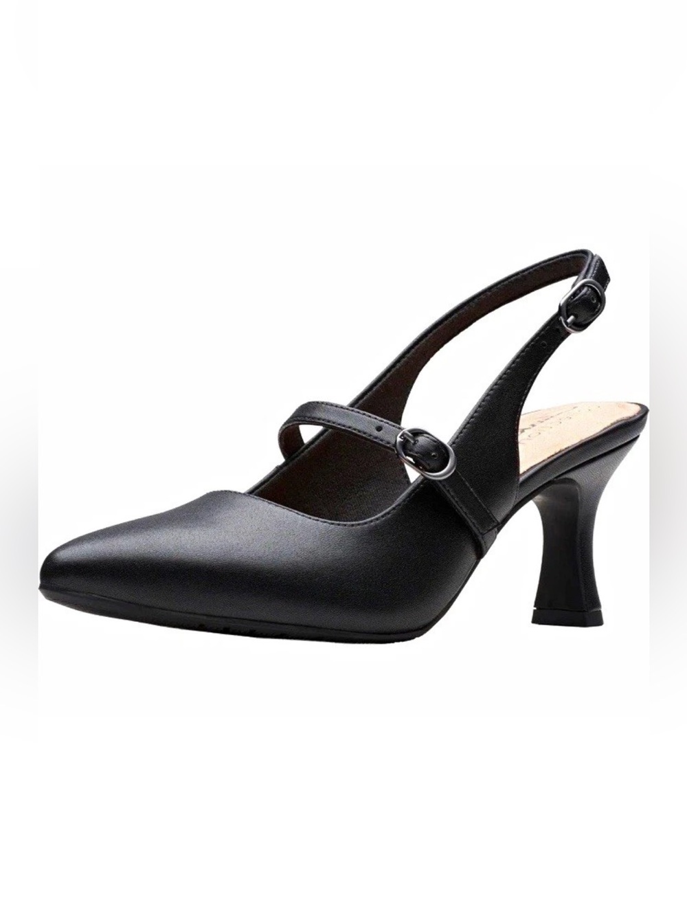 Clarks Womens Black Leather Pointed Toe Slingback Heels Buckle Foam Insole